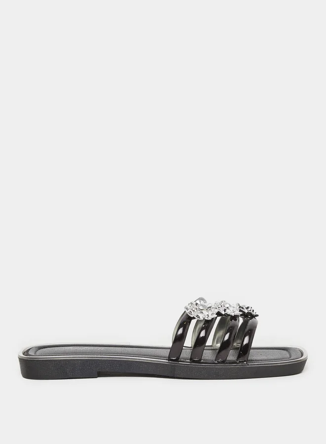 تايك تو Take Two Rhinestone Flower Embellished Flat Sandals