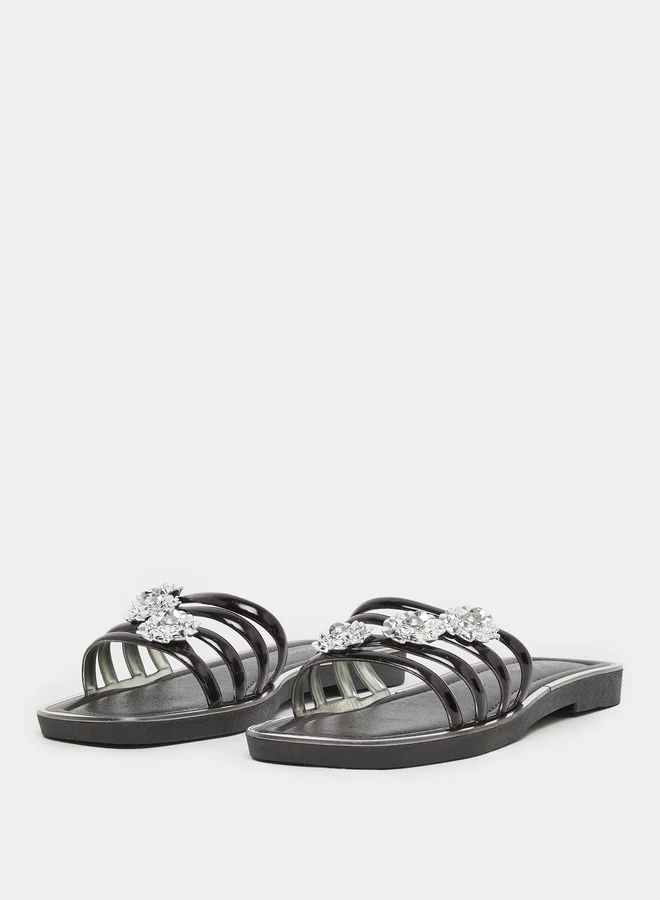 تايك تو Take Two Rhinestone Flower Embellished Flat Sandals