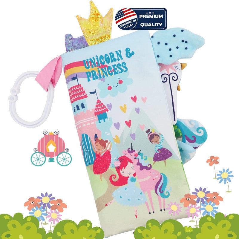 bebe mondo Unicorn Baby Books 06 Months Toys 6 to 12 Months Touch Feel Cloth Crinkle Books for BabiesInfants Soft Sensory Stroller Toys Easter Baby Gifts Shower Items Chweing Book Princess - Image 2