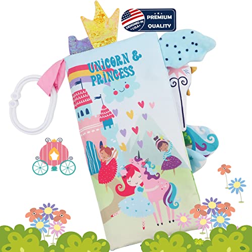 bebe mondo Unicorn Baby Books 06 Months Toys 6 to 12 Months Touch Feel Cloth Crinkle Books for BabiesInfants Soft Sensory Stroller Toys Easter Baby Gifts Shower Items Chweing Book Princess - Image 1