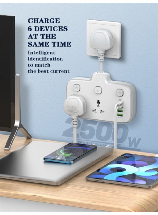 ريبنيو محول متعدد المقابس، محول شاحن حائط متعدد المقابس ثنائي الاتجاه مع منفذ PD ومنفذ QC3.0 ومنفذين تلقائيين، مقبس طاقة 2500 وات للمنزل والمكتب والمزيد - Image 5