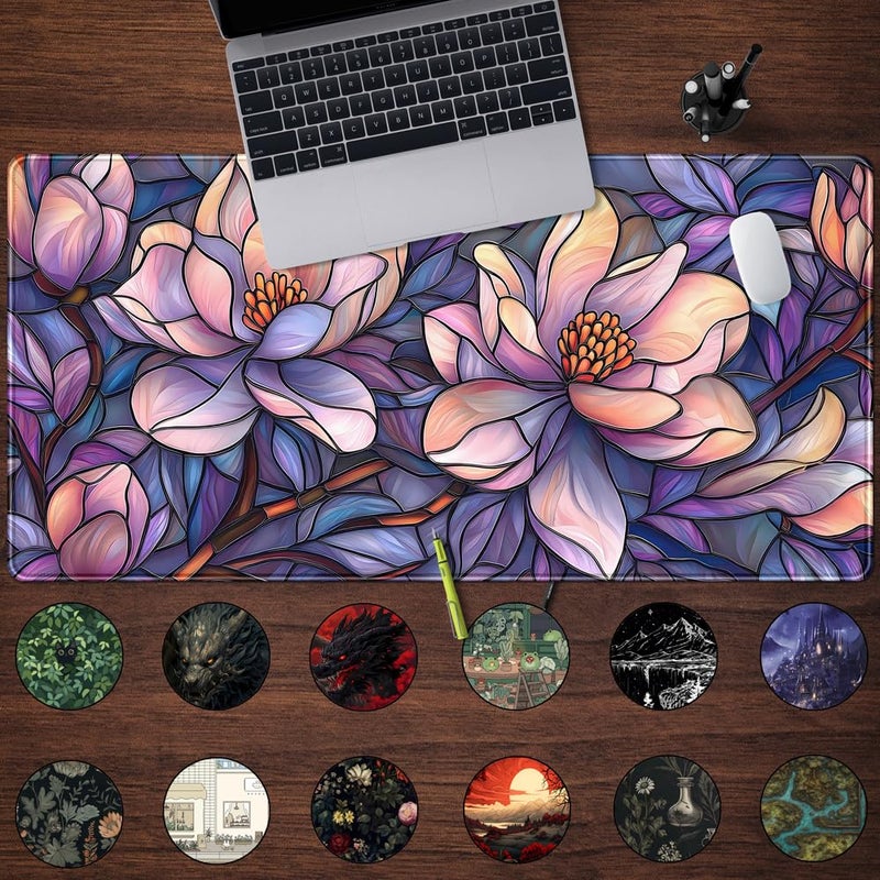 Mechanical Cattle Floral Desk Mat Gaming Large Mouse Pad Desk Keyboard Pad, Long Computer Mat Faux Stained Glass Artistic Patterns Mouse Mat, Aesthetic Floral Purple & Pink Desk Protector Office Decor 31.5" X 15.7" - Image 2
