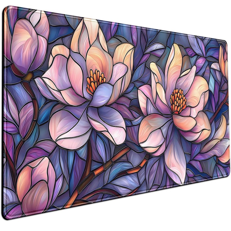 Mechanical Cattle Floral Desk Mat Gaming Large Mouse Pad Desk Keyboard Pad, Long Computer Mat Faux Stained Glass Artistic Patterns Mouse Mat, Aesthetic Floral Purple & Pink Desk Protector Office Decor 31.5" X 15.7" - Image 1