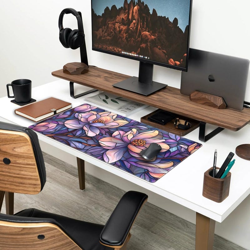 Mechanical Cattle Floral Desk Mat Gaming Large Mouse Pad Desk Keyboard Pad, Long Computer Mat Faux Stained Glass Artistic Patterns Mouse Mat, Aesthetic Floral Purple & Pink Desk Protector Office Decor 31.5" X 15.7" - Image 3