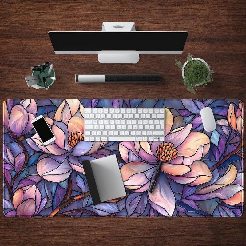 Mechanical Cattle Floral Desk Mat Gaming Large Mouse Pad Desk Keyboard Pad, Long Computer Mat Faux Stained Glass Artistic Patterns Mouse Mat, Aesthetic Floral Purple & Pink Desk Protector Office Decor 31.5" X 15.7" - Image 4