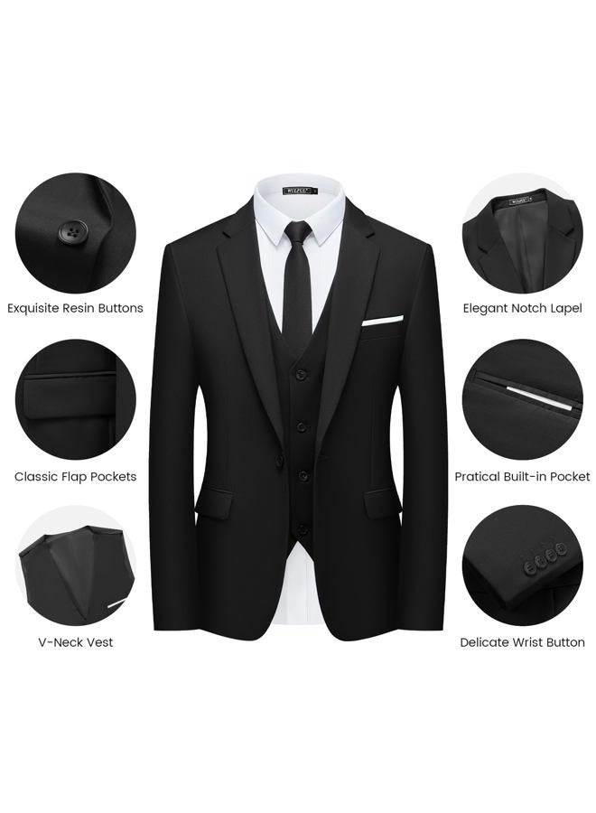 WULFUL Menâ€™s Slim Fit Suit One Button 3-Piece Blazer Dress Business Wedding Party Jacket Vest & Pant Black, L - Image 5