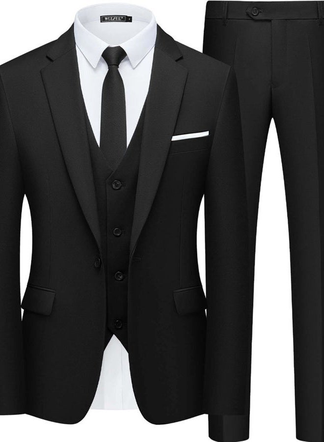 WULFUL Menâ€™s Slim Fit Suit One Button 3-Piece Blazer Dress Business Wedding Party Jacket Vest & Pant Black, L - Image 1