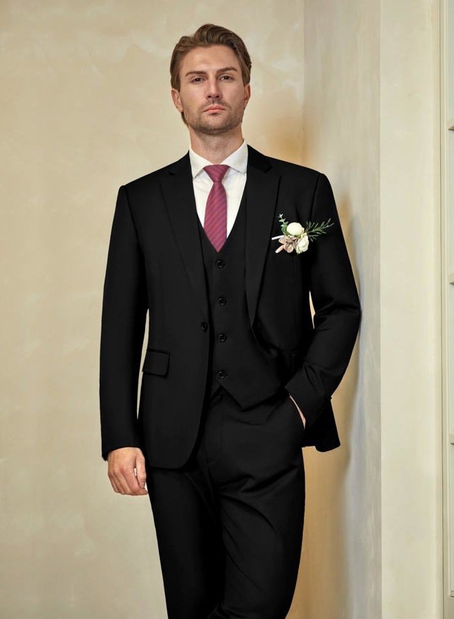 WULFUL Menâ€™s Slim Fit Suit One Button 3-Piece Blazer Dress Business Wedding Party Jacket Vest & Pant Black, L - Image 2