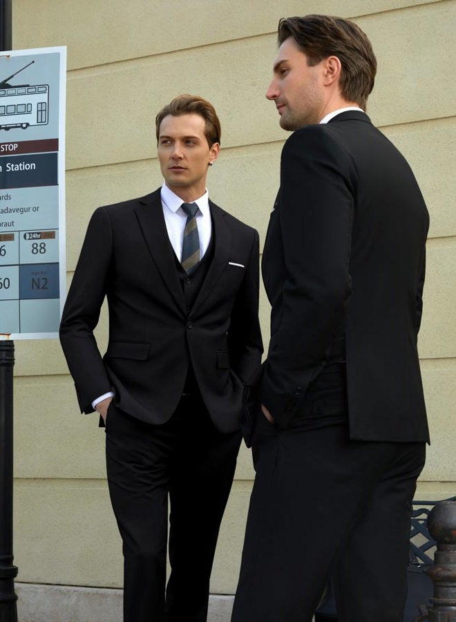WULFUL Menâ€™s Slim Fit Suit One Button 3-Piece Blazer Dress Business Wedding Party Jacket Vest & Pant Black, L - Image 3