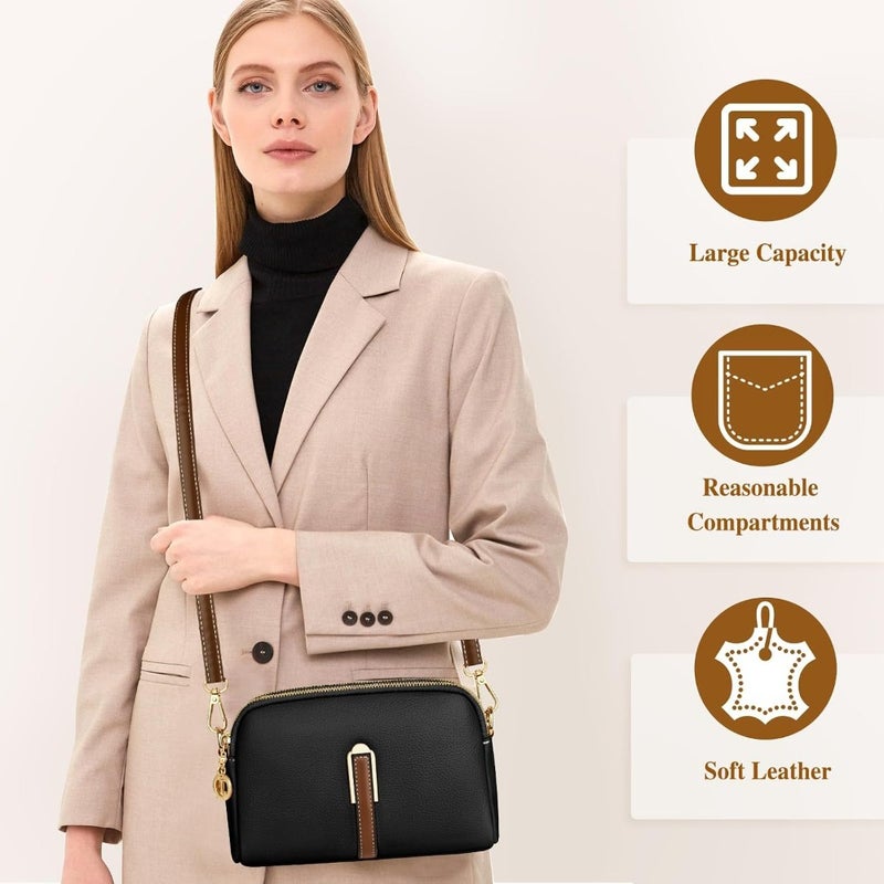 Crossbody Bag for Women, Genuine Leather Handbag Shoulder Bag with Adjustable Wide Strap, Black, Lightweight and Durable Design - Image 3