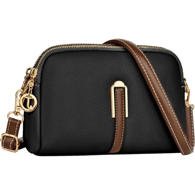 Crossbody Bag for Women, Genuine Leather Handbag Shoulder Bag with Adjustable Wide Strap, Black, Lightweight and Durable Design - Image 1