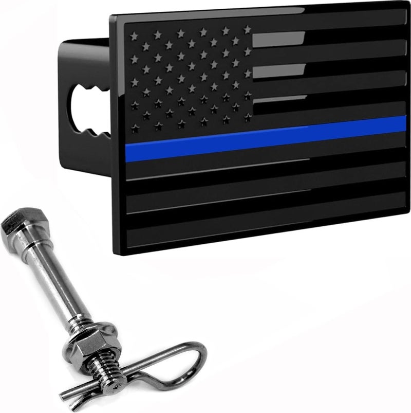 eVerHITCH USA Metal Flag Hitch Cover Fits 2" Receivers Black & Black with Thin Blue line - Image 1