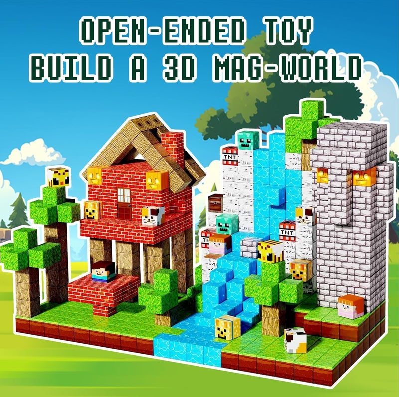 Moonmen Magnetic Building Blocks Set, Mine Magnet World Set For Toddler Educational STEM Construction Toy, Non-Toxic ABS Material Magnet Cubes Construction Toys (150 Pcs Jungle Tribes) - Image 4