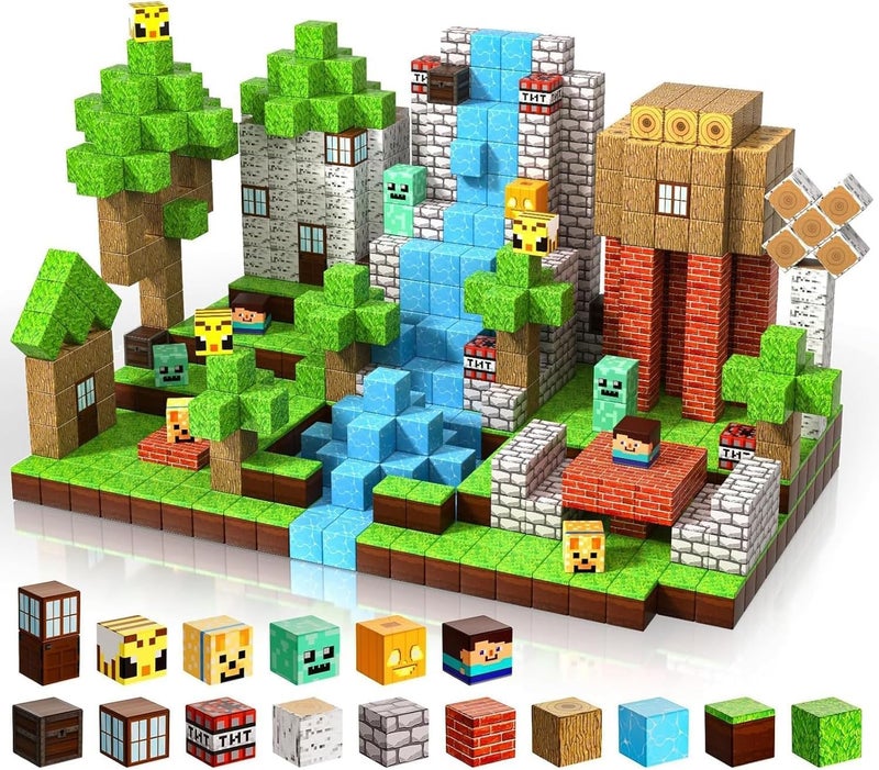 Moonmen Magnetic Building Blocks Set, Mine Magnet World Set For Toddler Educational STEM Construction Toy, Non-Toxic ABS Material Magnet Cubes Construction Toys (150 Pcs Jungle Tribes) - Image 2