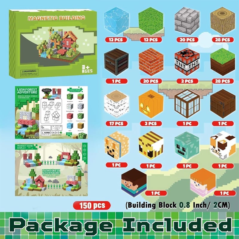 Moonmen Magnetic Building Blocks Set, Mine Magnet World Set For Toddler Educational STEM Construction Toy, Non-Toxic ABS Material Magnet Cubes Construction Toys (150 Pcs Jungle Tribes) - Image 5