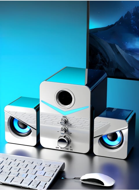 3-piece Stereo Bass Subwoofer Wired Speaker with Lighting Effects, Computer Audio Home Desktop Laptop Universal Speaker Wired Desktop Subwoofer Speaker - White