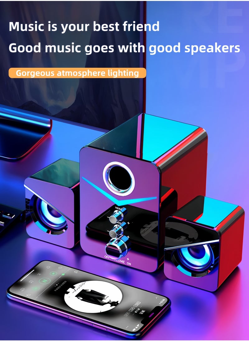 3-piece Stereo Bass Subwoofer Wired Speaker with Lighting Effects, Computer Audio Home Desktop Laptop Universal Speaker Wired Desktop Subwoofer Speaker - White
