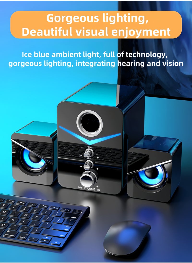 3-piece Stereo Bass Subwoofer Wired Speaker with Lighting Effects, Computer Audio Home Desktop Laptop Universal Speaker Wired Desktop Subwoofer Speaker - White