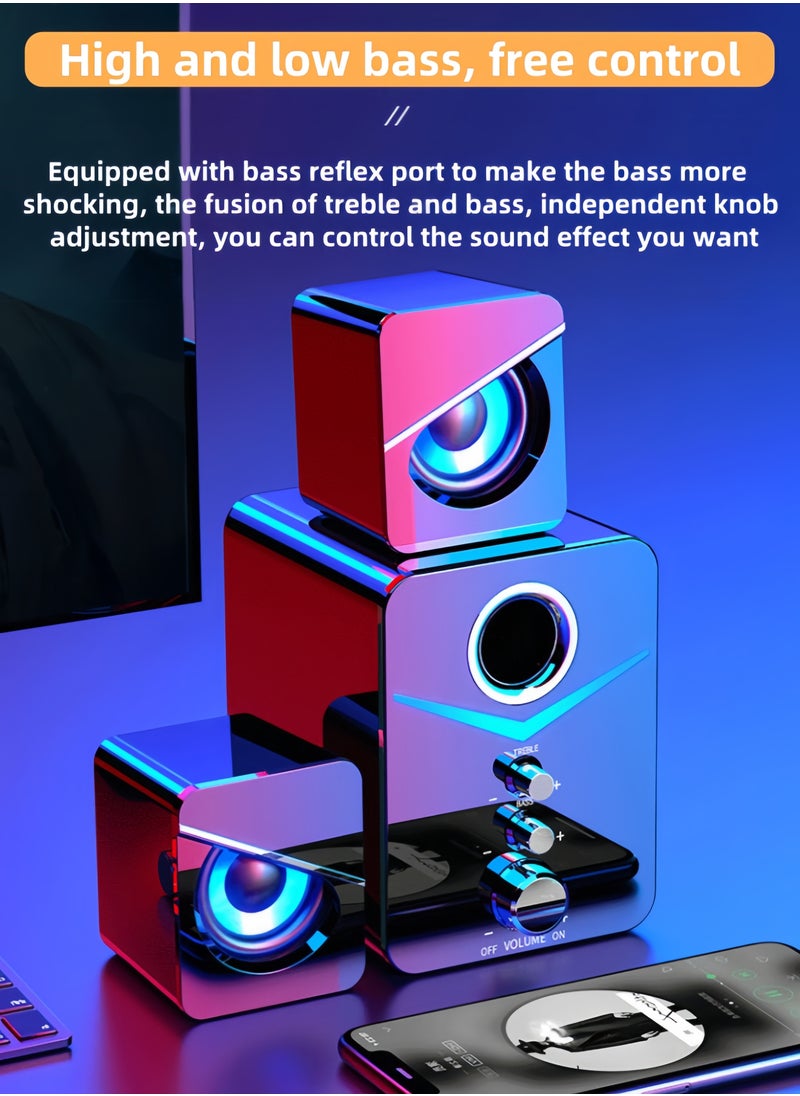 3-piece Stereo Bass Subwoofer Wired Speaker with Lighting Effects, Computer Audio Home Desktop Laptop Universal Speaker Wired Desktop Subwoofer Speaker - White
