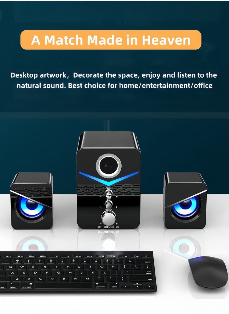 3-piece Stereo Bass Subwoofer Wired Speaker with Lighting Effects, Computer Audio Home Desktop Laptop Universal Speaker Wired Desktop Subwoofer Speaker - White