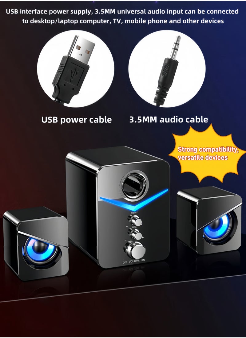 3-piece Stereo Bass Subwoofer Wired Speaker with Lighting Effects, Computer Audio Home Desktop Laptop Universal Speaker Wired Desktop Subwoofer Speaker - White