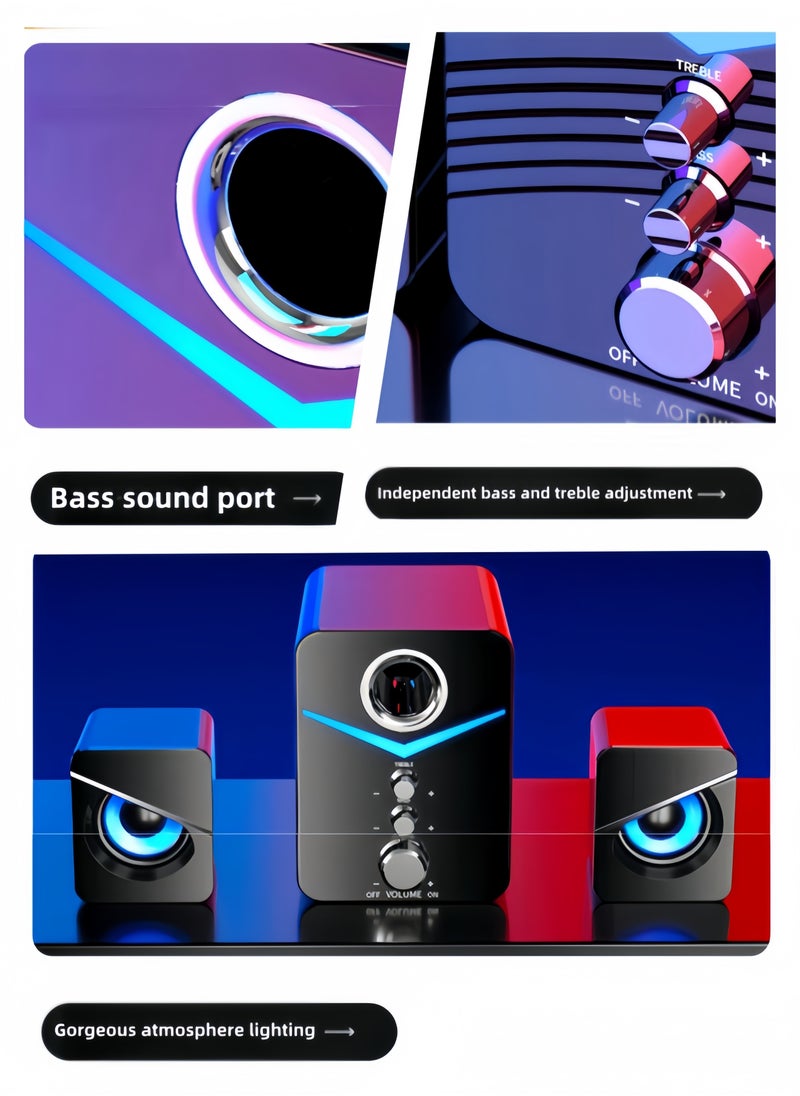 3-piece Stereo Bass Subwoofer Wired Speaker with Lighting Effects, Computer Audio Home Desktop Laptop Universal Speaker Wired Desktop Subwoofer Speaker - White