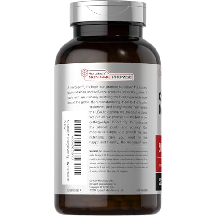 Horbäach Creatine Monohydrate | 5g | 225 Capsules | Non-GMO, Gluten Free Supplement - Image 3