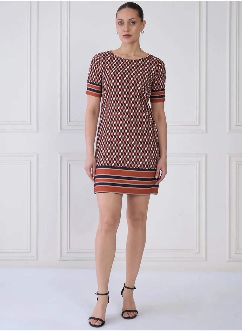 سولت اتاير Women's Geometric Pattern Mini Dress - Shift Silhouette, Round Neckline, Elbow Length Sleeves, Side Inseam Pockets, and Unique Pattern Placement Detail for Effortless Style