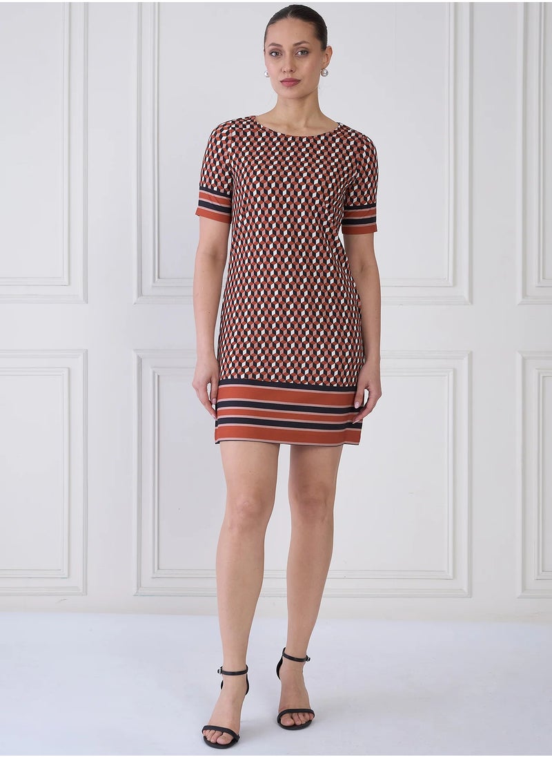 Salt Attire Women's Geometric Pattern Mini Dress - Shift Silhouette, Round Neckline, Elbow Length Sleeves, Side Inseam Pockets, and Unique Pattern Placement Detail for Effortless Style  - Image 1