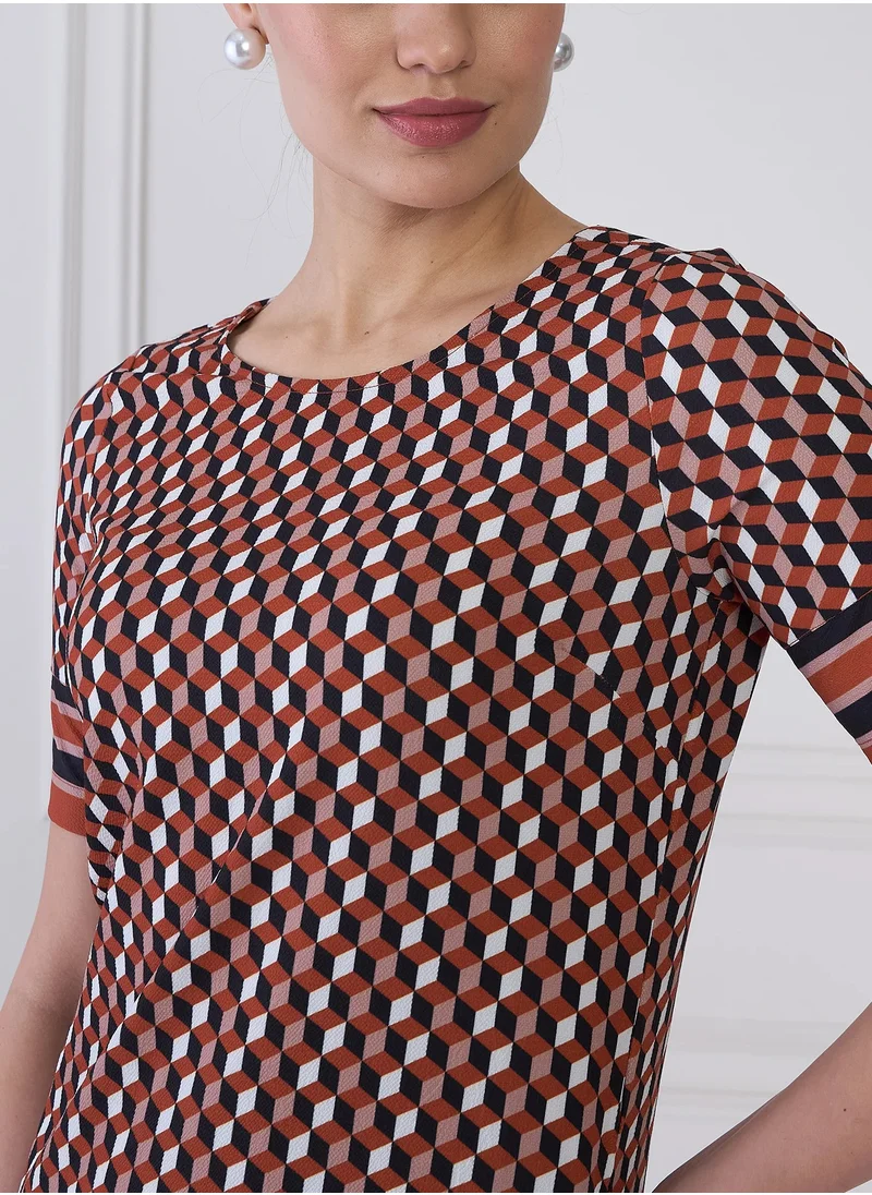 سولت اتاير Women's Geometric Pattern Mini Dress - Shift Silhouette, Round Neckline, Elbow Length Sleeves, Side Inseam Pockets, and Unique Pattern Placement Detail for Effortless Style