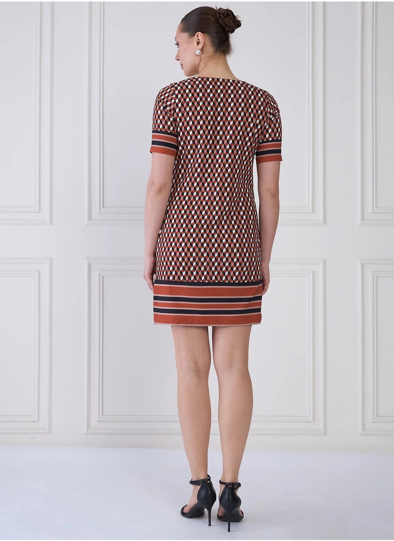 Salt Attire Women's Geometric Pattern Mini Dress - Shift Silhouette, Round Neckline, Elbow Length Sleeves, Side Inseam Pockets, and Unique Pattern Placement Detail for Effortless Style  - Image 4