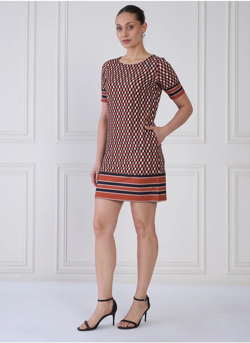 Salt Attire Women's Geometric Pattern Mini Dress - Shift Silhouette, Round Neckline, Elbow Length Sleeves, Side Inseam Pockets, and Unique Pattern Placement Detail for Effortless Style  - Image 5