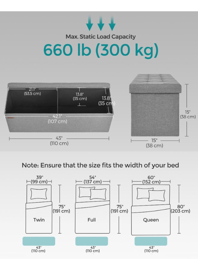 SONGMICS Stool with Storage Space,Folding Bench, 38 x 110 x 38 cm Footstool, Storage Box, Maximum Load 300 kg, for Living Room, Bedroom, Hallway, Ash Grey - Image 4