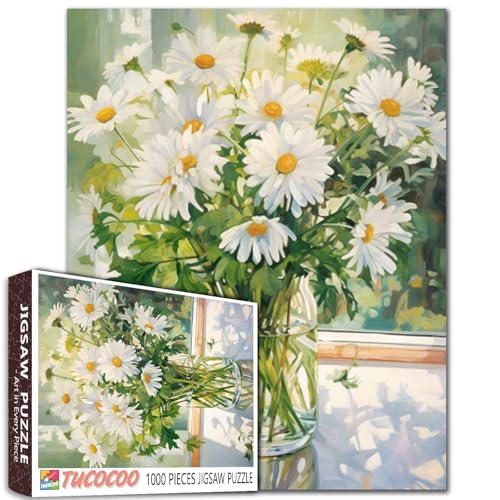 Tucocoo Jigsaw Puzzles 1000 Pieces for AdultsWhite Daisy Flower Hardboard PuzzleChallenging Puzzle Perfect for Game NightsDIY Home Wall DecorArt PuzzlesWhite Flowers with Green Leaves in Vase 27 x 20 - Image 1