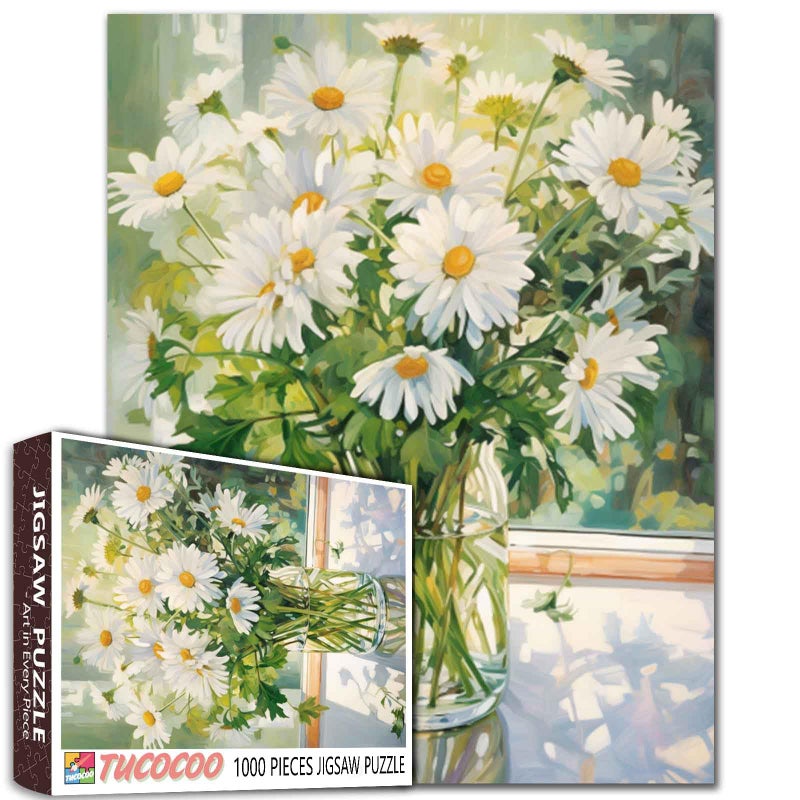 Tucocoo Jigsaw Puzzles 1000 Pieces for AdultsWhite Daisy Flower Hardboard PuzzleChallenging Puzzle Perfect for Game NightsDIY Home Wall DecorArt PuzzlesWhite Flowers with Green Leaves in Vase 27 x 20 - Image 3