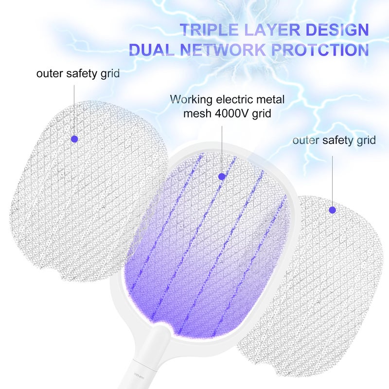 Bug Parking Detachable 2-in-1 High Voltage 4000V Rechargeable Electric Fly Swatter Racket with Purple Light and 3-Layer Safety Nets for Indoor and Outdoor Use. - Image 4