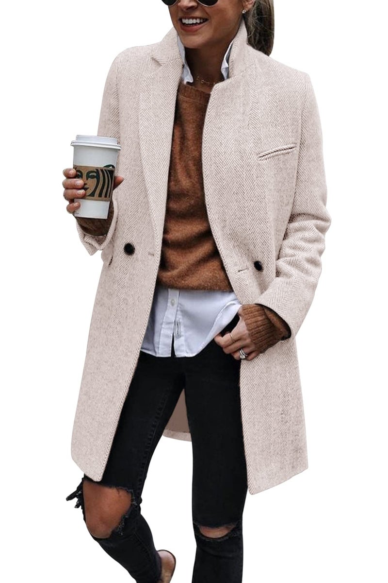 Ebifin Women's Notch Lapel Double Breasted Trench Coat Peacoat Winter Casual Long Blazer Jacket Overcoat - Image 2