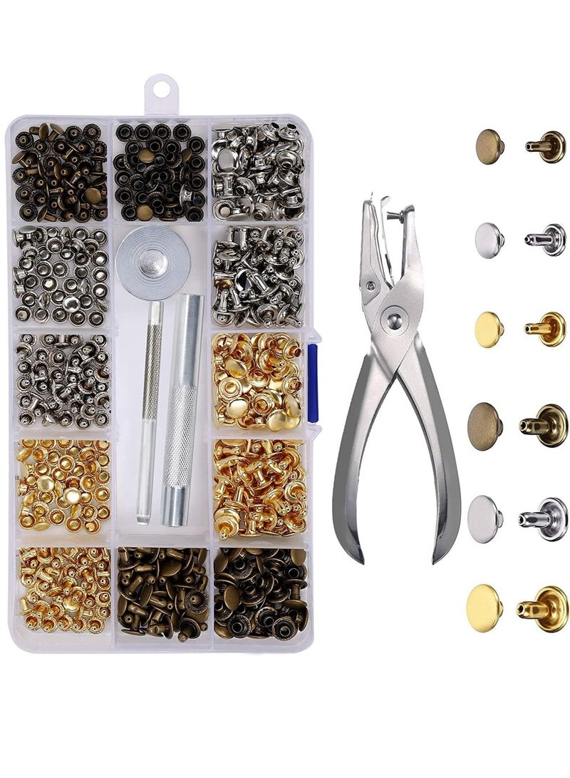 Daytoyz Leather Rivets 240 Set 2 Sizes Double Rivet Metal Tubular Studs with 3 Pieces Fixing Tool and Punch Pliers for Leather Crafts DIY Replacement Rivets 3 Colours  - Image 1