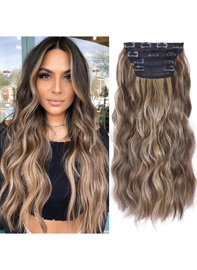 MaopaoBeauty - 4Pcs Soft Clip In Curly Hair Extensions Balayage Chocolate Brown To Caramel Blonde 20Inch Long Wavy Synthetic Hair Extensions - Image 1