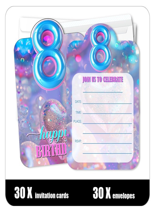 Putocopic 8th Blue Balloon Birthday Invitations for Girls, Eighth Birthday Party Fill In Invitations with Envelopes, 30Pcs, 5x7 Inches - Image 2