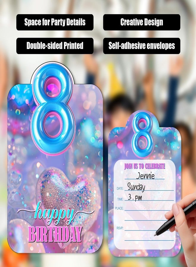 Putocopic 8th Blue Balloon Birthday Invitations for Girls, Eighth Birthday Party Fill In Invitations with Envelopes, 30Pcs, 5x7 Inches - Image 4