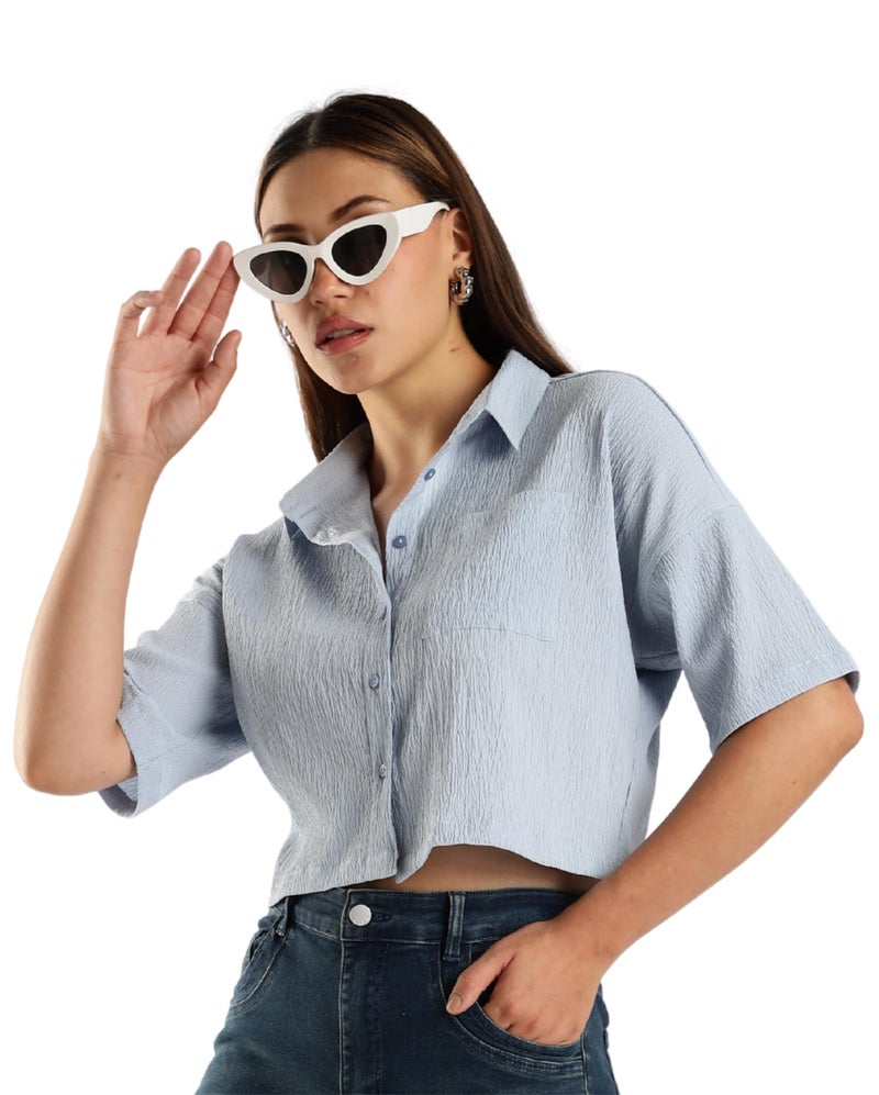 FYLTR Women's Casual Solid Textured Crop Shirt -Boxy Fit | Half Sleeves Drop Shoulder | Tops for Jeans (FYLSS25WB-1326-Mist Blue-M) - Image 5