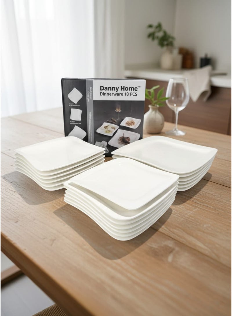 داني هوم طقم عشاء سيراميك أبيض متموج من 18 قطعة 103-XLD-004 - Image 1
