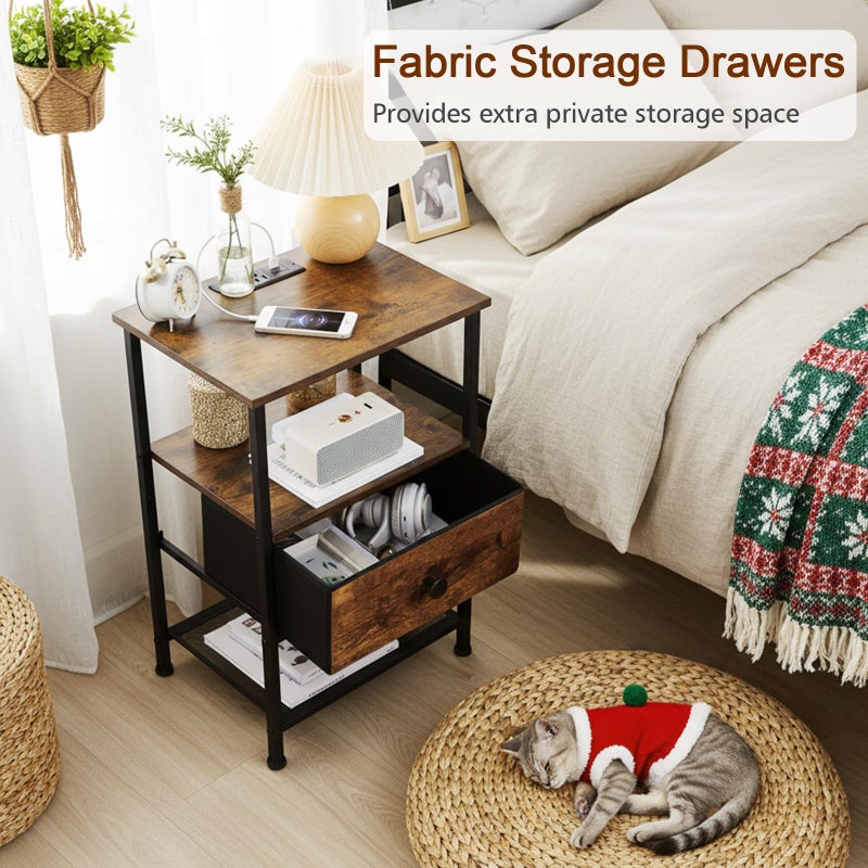 LOAKEKEL Night Stand Set 2, LED Nightstand with Charging Station, End Tables Living Room with Fabric Drawer for Small Spaces, Bed Side Tables with Storage Shelf for Bedroom, Brown, HETS01PBR - Image 5