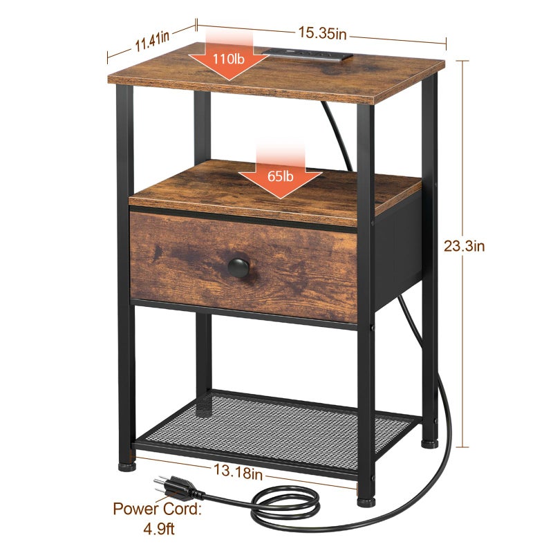 LOAKEKEL Night Stand Set 2, LED Nightstand with Charging Station, End Tables Living Room with Fabric Drawer for Small Spaces, Bed Side Tables with Storage Shelf for Bedroom, Brown, HETS01PBR - Image 4