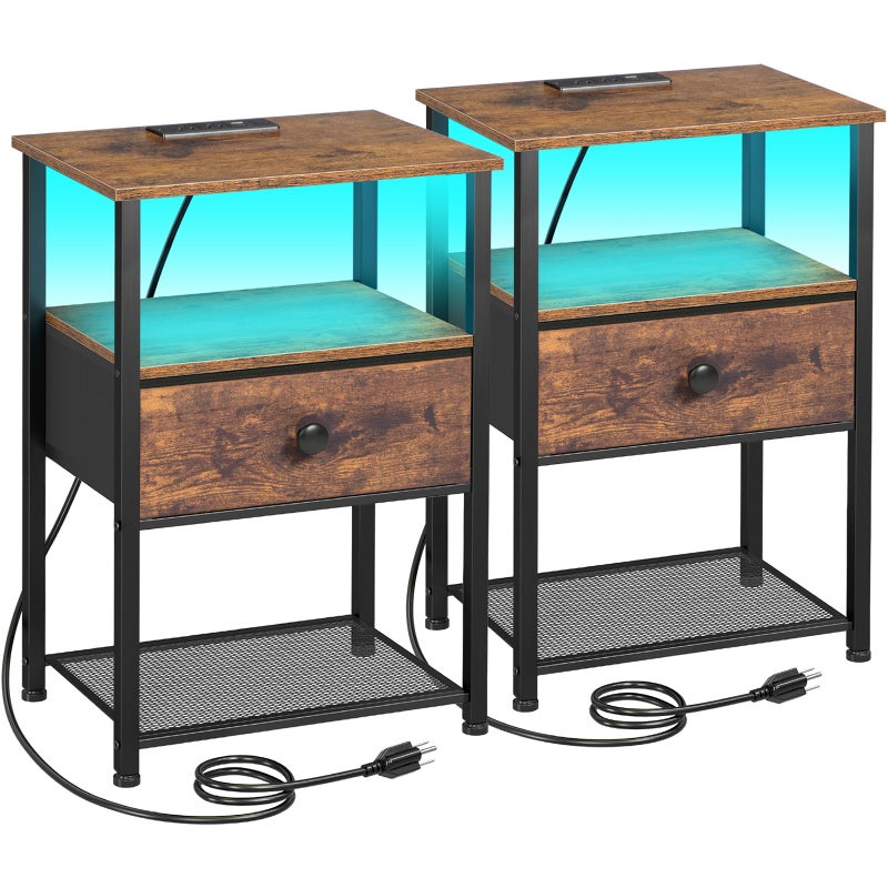 LOAKEKEL Night Stand Set 2, LED Nightstand with Charging Station, End Tables Living Room with Fabric Drawer for Small Spaces, Bed Side Tables with Storage Shelf for Bedroom, Brown, HETS01PBR - Image 1
