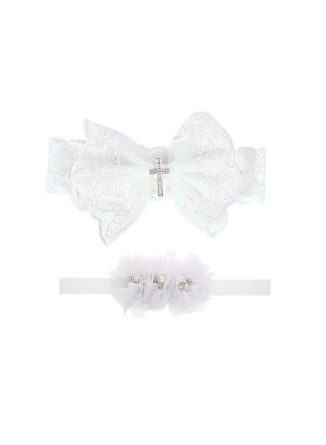 Nishine Nishine 2 Pack Baptism White Newborn Bowknot Headbands Baby Christening Hair Bows Headwrap Toddler Hairband (Cross Button)  - Image 1