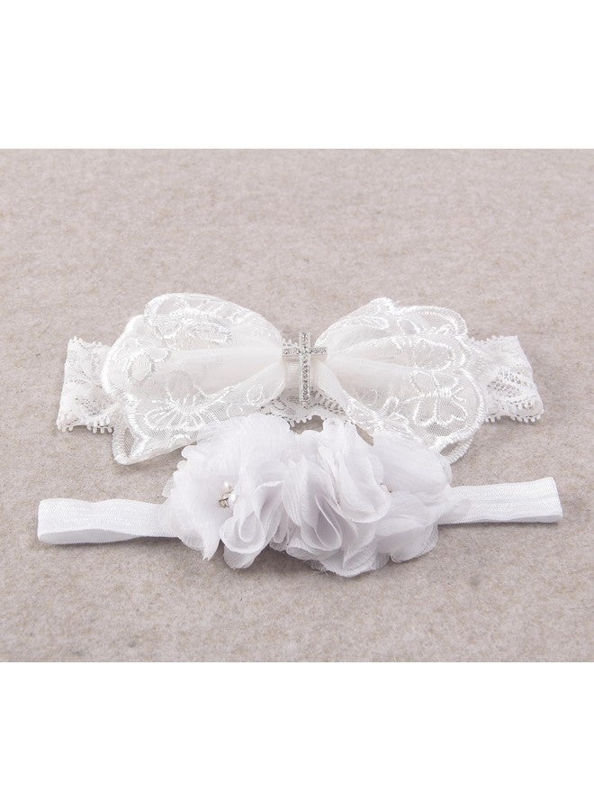 Nishine Nishine 2 Pack Baptism White Newborn Bowknot Headbands Baby Christening Hair Bows Headwrap Toddler Hairband (Cross Button)  - Image 4