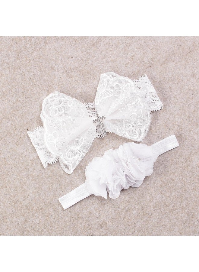 Nishine Nishine 2 Pack Baptism White Newborn Bowknot Headbands Baby Christening Hair Bows Headwrap Toddler Hairband (Cross Button)  - Image 2