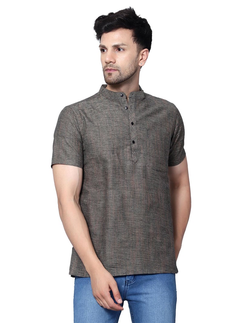 LATEST CHIKAN Men's Cotton Blend Regular Textured Short Kurta Half Sleeves - Casual Ethnic Wear -SK-DBL-GY-40 Grey - Image 1